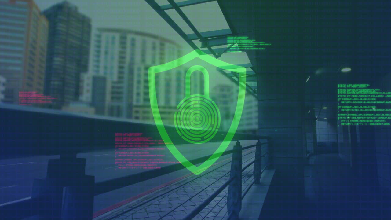 animación del candado en el escudo sobre el procesamiento de datos y la estación de tren