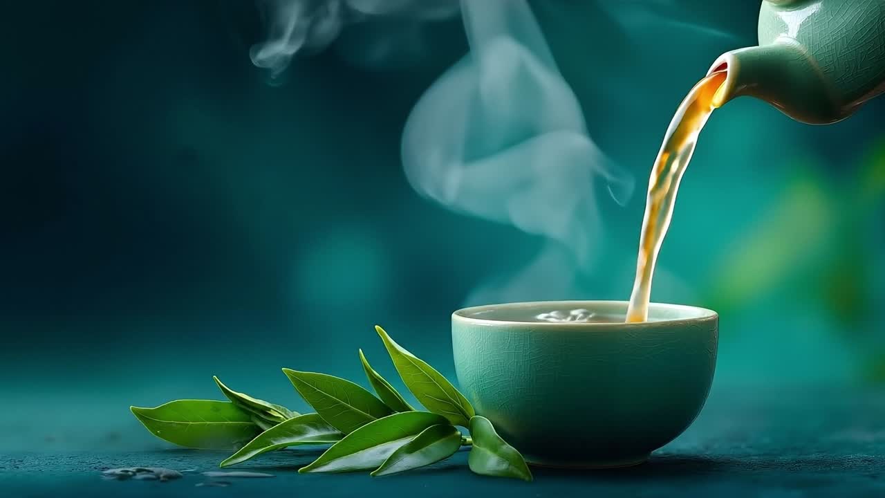 A teapot pouring tea into a cup of green tea