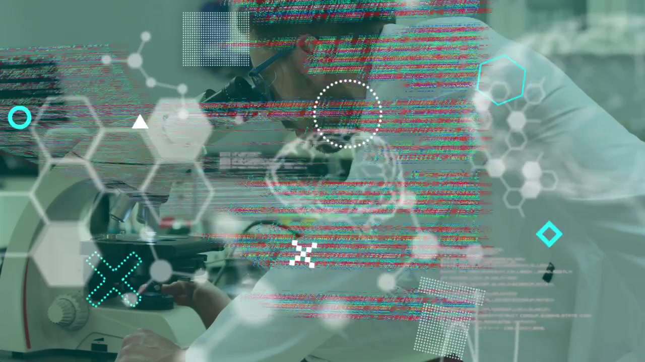 Lab researcher peering into eyepiece adjusting focus while studying slide; code brain HUD glitching