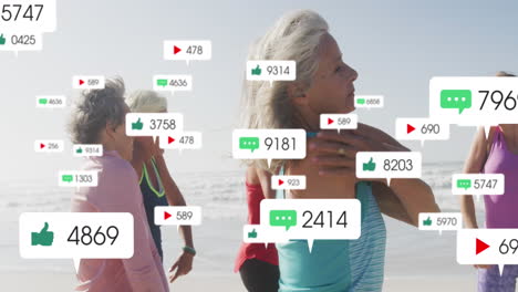 Animación-Del-Procesamiento-De-Datos-De-Redes-Sociales-Sobre-Diversas-Mujeres-Haciendo-Ejercicio-En-La-Playa.