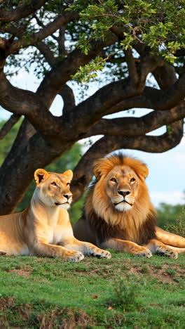 a male lion and a lioness resting together under a tree