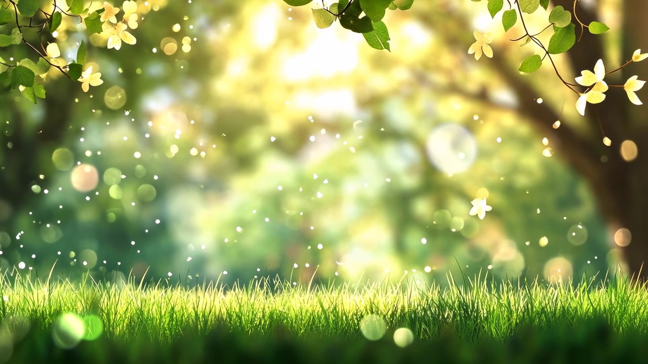 Vibrant Green Grass with Sunlight and Floating Bokeh Particles