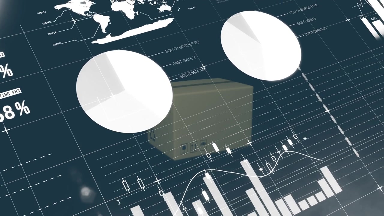 Animation av finansiell databehandling och en ruta över en mörk bakgrund.