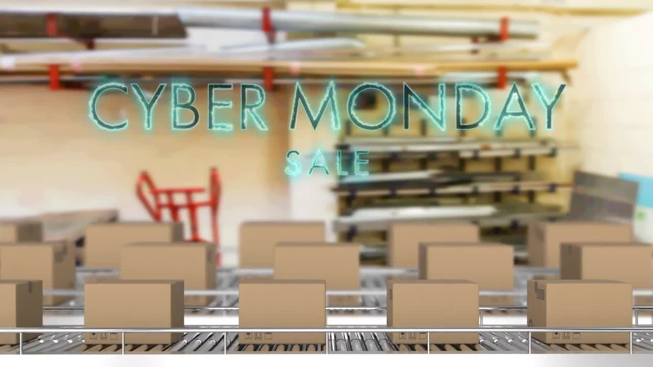 컨베이어 벨트에 있는 카드보드 상자 위에 있는 사이버 월요일 판매 텍스트의 애니메이션