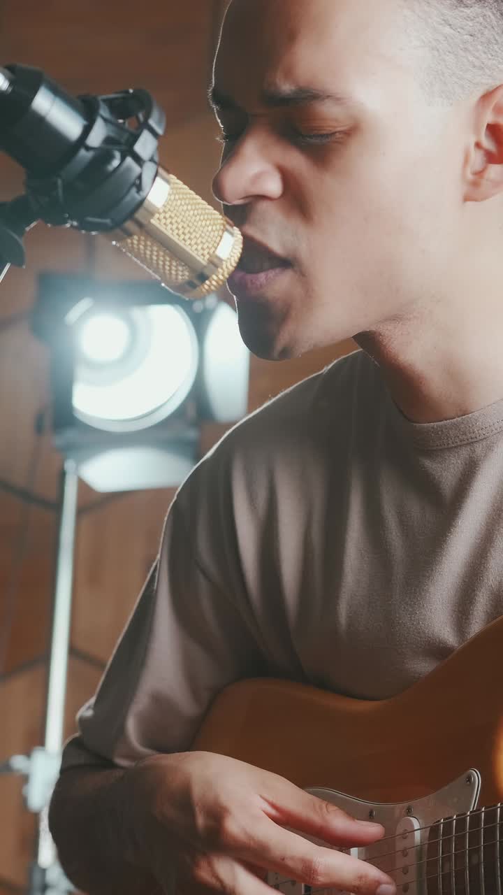 Soulful guitar session in a cozy studio during sunset hours