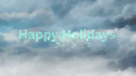 Animation-of-happy-holidays-text-with-fireworks-over-clouds