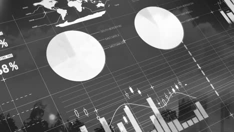 animation of financial data processing over cityscape