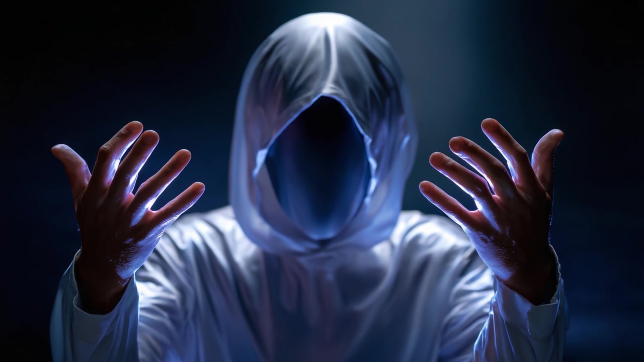 Figura misteriosa cubierta de blanco con las manos levantadas, emanando un brillo inquietante, de pie en la penumbra, creando una atmósfera de intriga y suspense