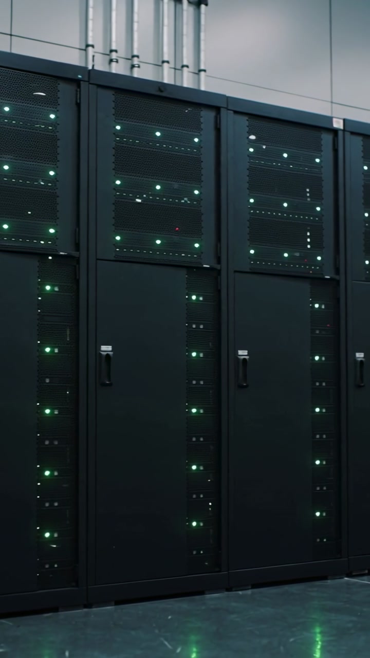 Vertical video: Panning camera sweeping across data center, showing black racks with blinking LEDs