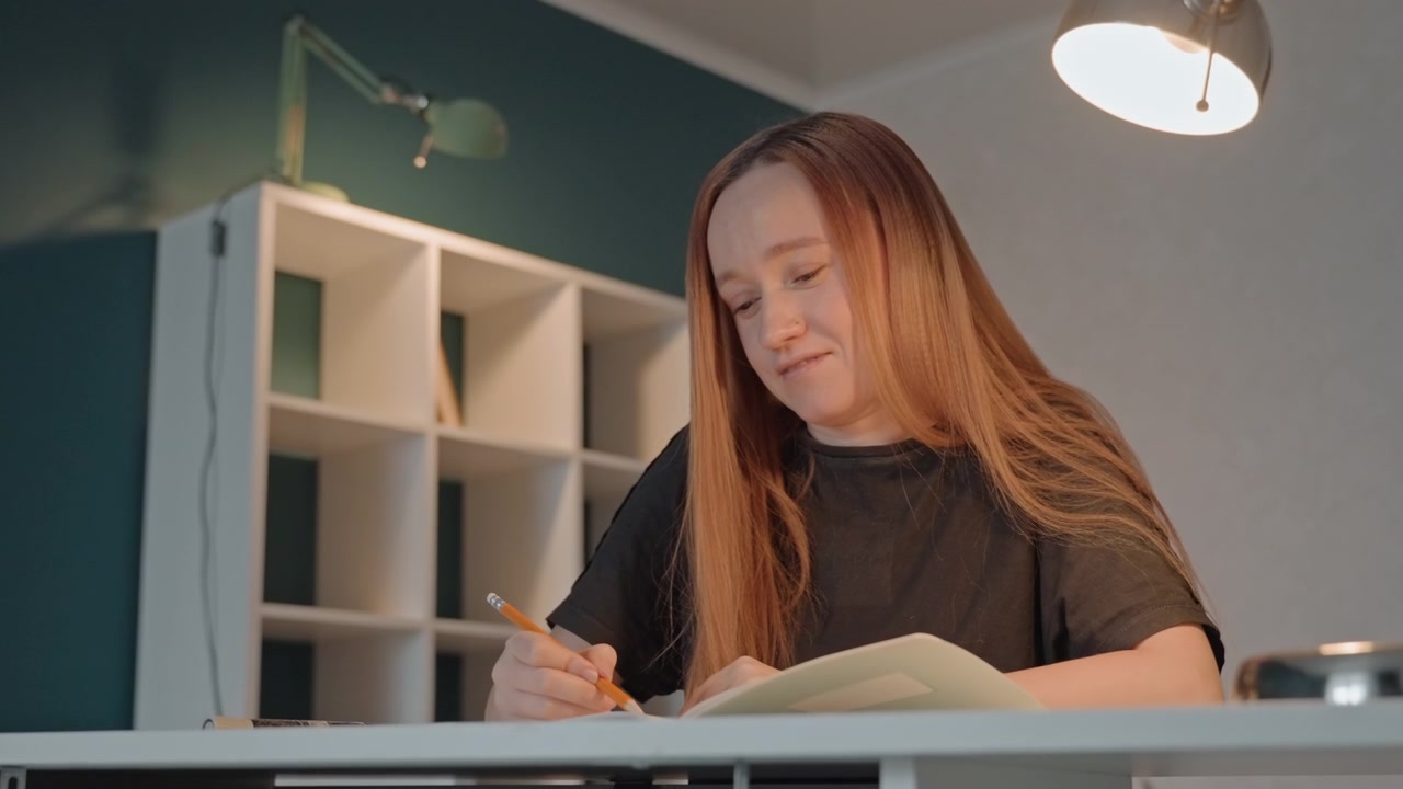 Young woman with long hair is seated at desk writing. Woman wears dark top and uses orange pencil while another pen. Background features white shelves filled showing woman