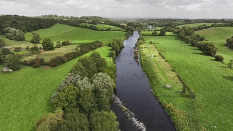 drone flyover river and farm land