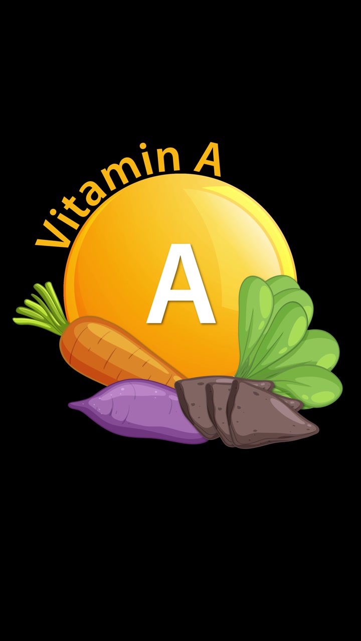 Et blankt ikon af en A-vitaminpille animeres ind, efterfulgt af tekst og farverige grøntsager, herunder gulerod, sød kartoffel og bladgrøntsager, på en sort baggrund