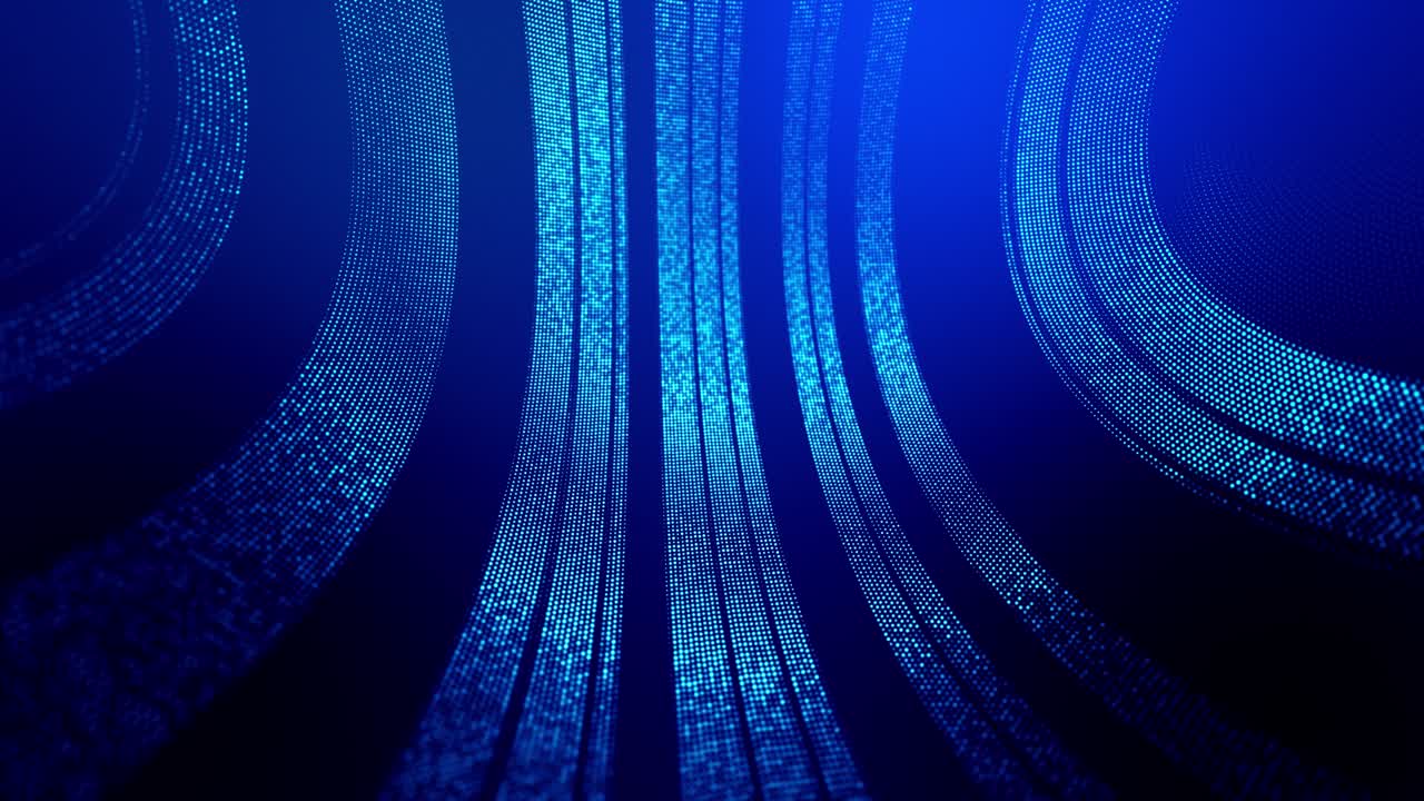 빛나는 입자의 4k 루프 추상적인 배경은 선을 형성하고 사이버 공간 또는 홀로그램에서 미래의 풍경으로 표면을 나타니다. 마이크로 월드, 나노 기술 또는 우주 공간의 공상 과학 테마.