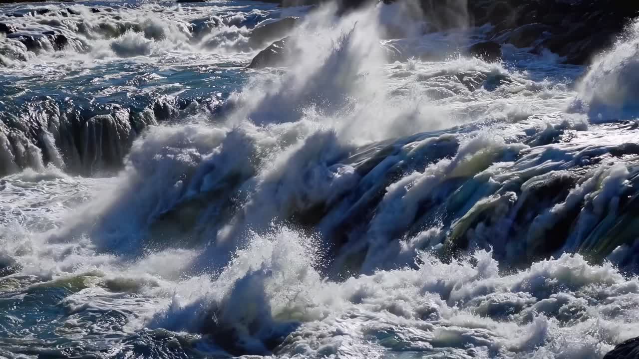 Dynamic video captures a powerful waterfall from a low angle, emphasizing the force and motion