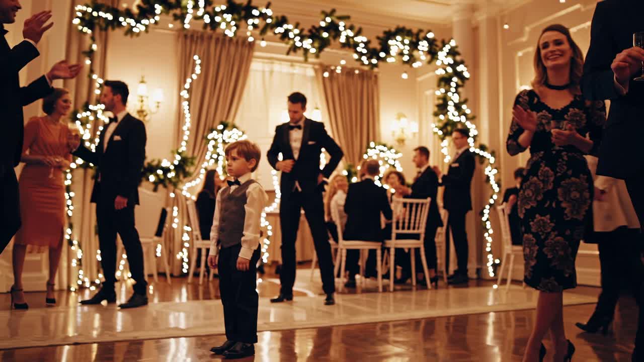 Well dressed guests are enjoying a Christmas party in a luxurious venue, while a child observes the scene, creating a heartwarming atmosphere of celebration and togetherness