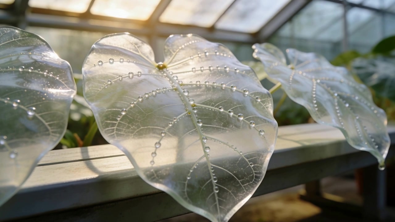 Forming clear leaf gathering dew and forming tip droplet on bench in greenhouse, light shifting