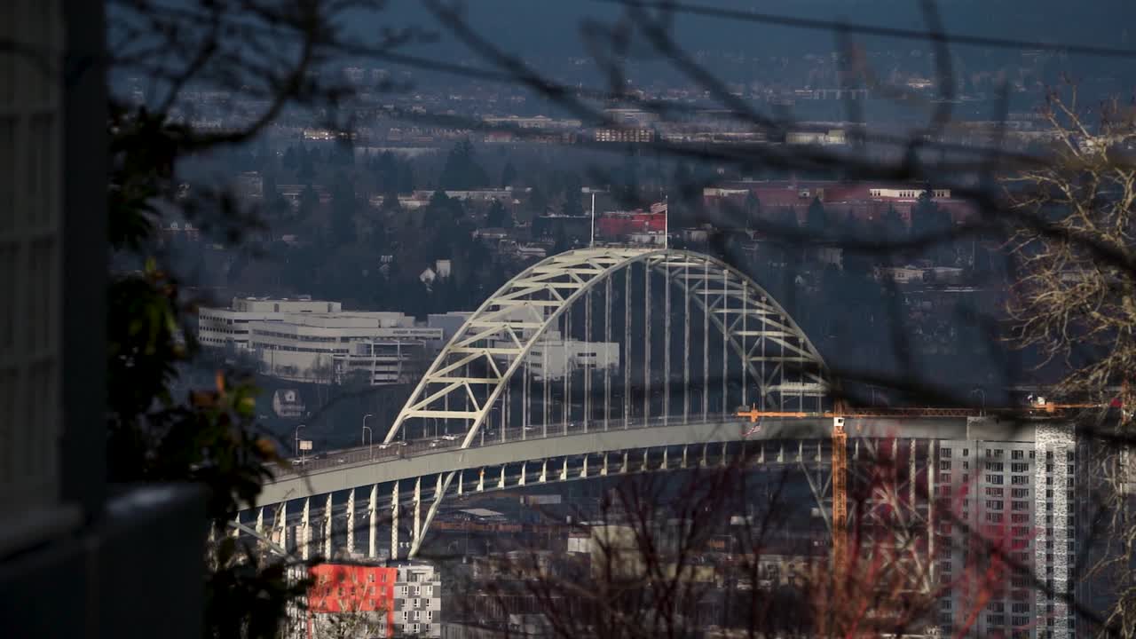 Urban Landscape with Large Arch Bridge Framed by Trees — City Architecture and Infrastructure Scene