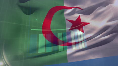 animation of financial data processing over flag of algeria