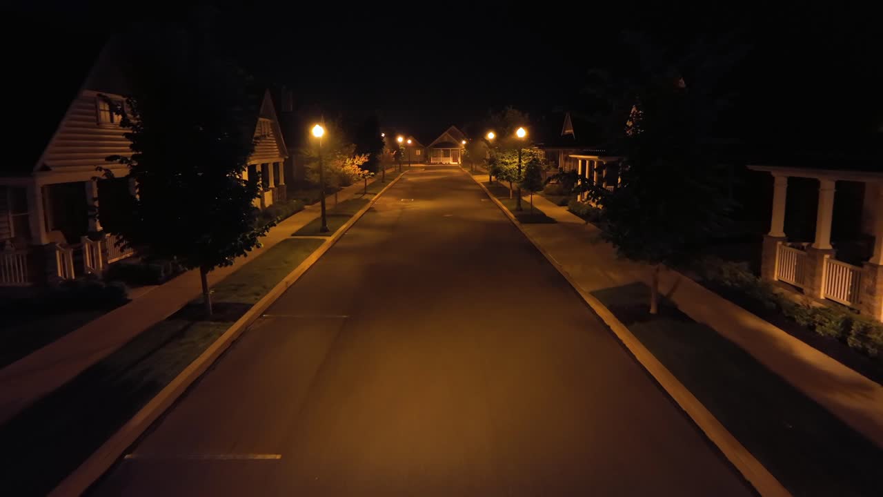 Empty street of modern american housing area with orange lighting lantern at night. POV dolly forward shot. Sidewalk and green trees at nighfall in american Suburb Town.New single family houses in USA