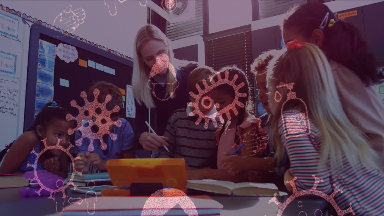 Coronavirus concept icons against female teacher teaching a group of students