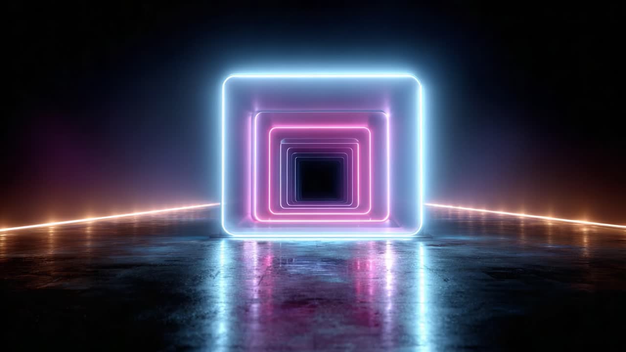 A Mesmerizing Light Corridor with Neon-Illuminated Frames Leading to an Enigmatic Black Void, Creating a Hypnotic and Surreal Visual Experience