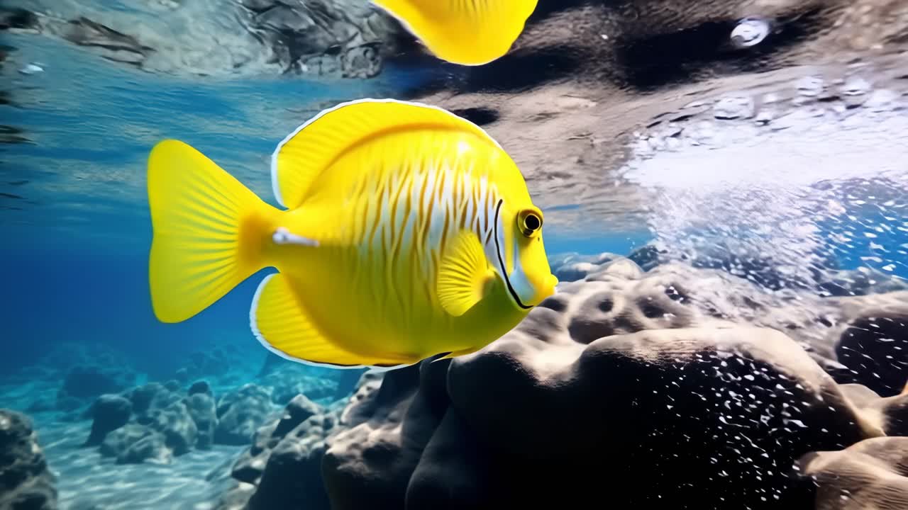 Video subacqueo di un vivace pesce giallo che nuota vicino a barriere coralline.