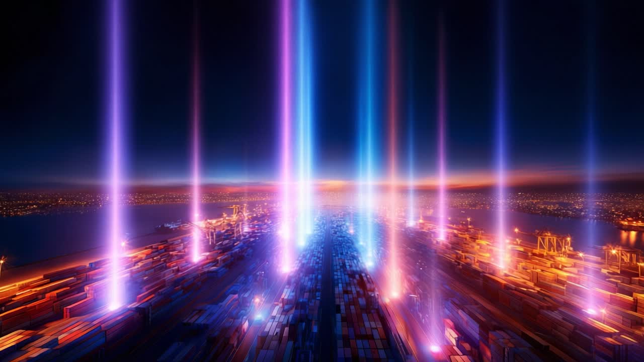 Stunning Visuals of a Vibrant Port Scene at Dusk, Showcasing Colorful Light Beams Illuminating a Shipping Container Yard Overlooking a Serene Waterfront