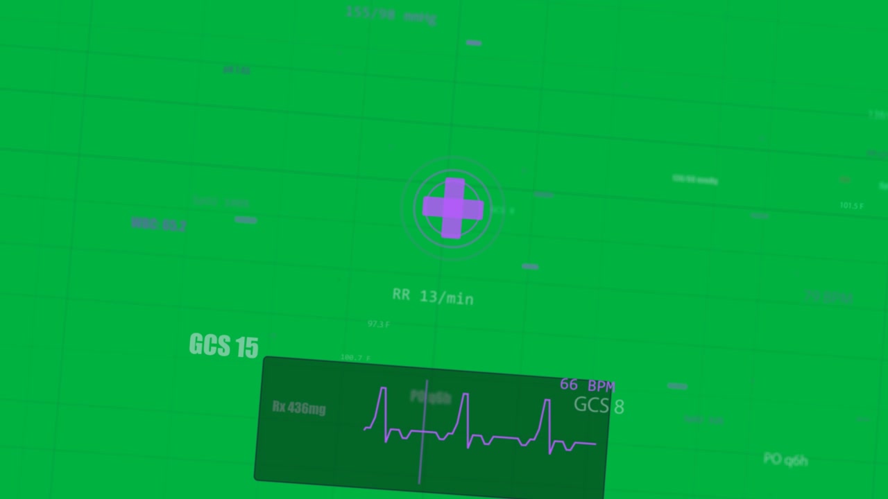 Croce ad anelli attivata da ECG e pannello pulsante, con punti fluttuanti che mostrano i parametri vitali su griglia trasparente.
