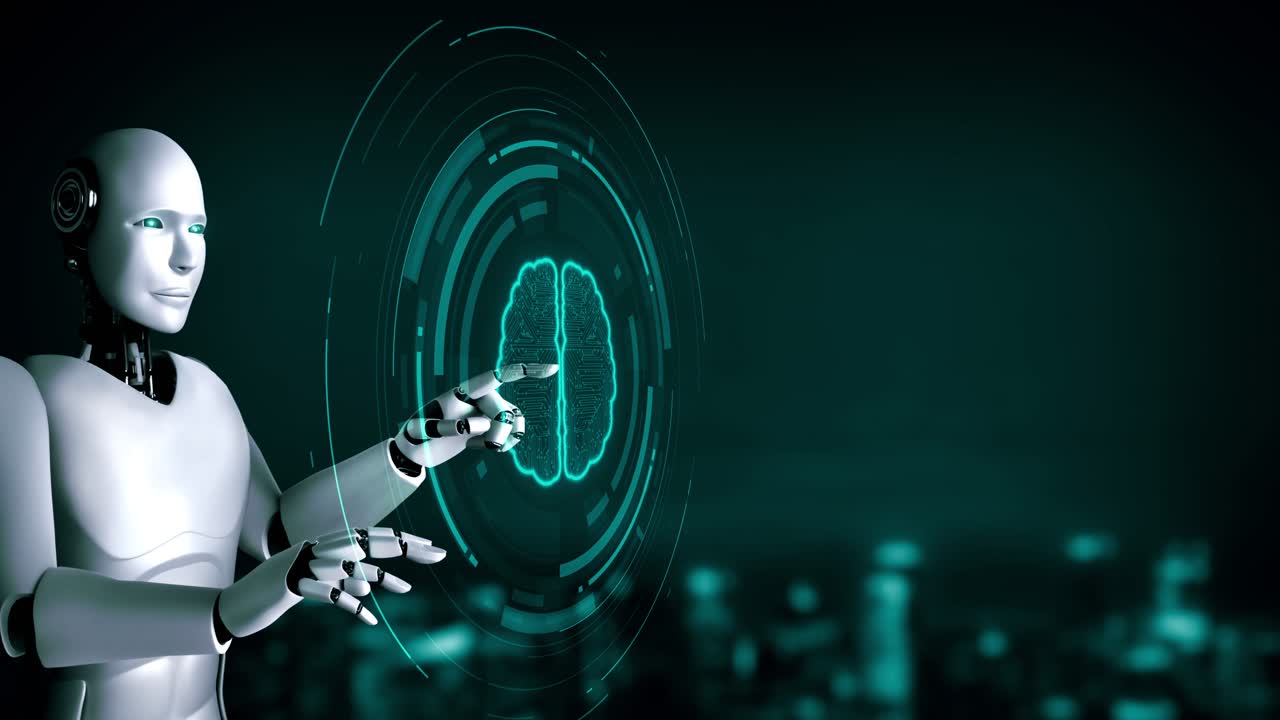 AI hominoid robot touching virtual hologram screen showing concept of big data