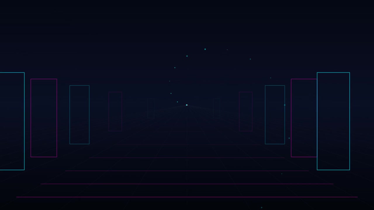 Abstract Digital Tunnel with Neon Rectangles and Floating Particles