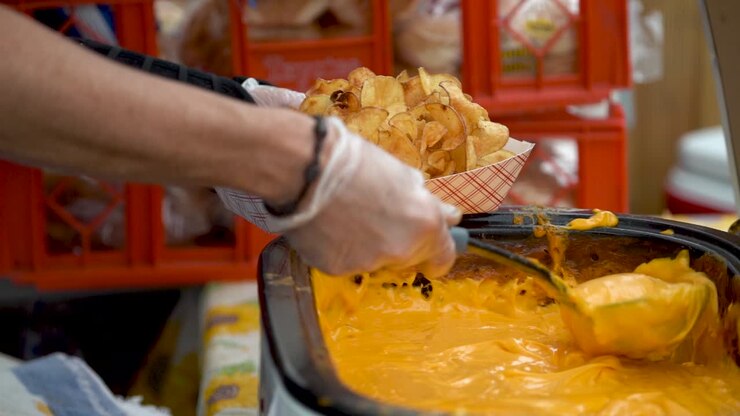 Slow motion of putting cheese sauce on a serving of tornado or curly potato fries