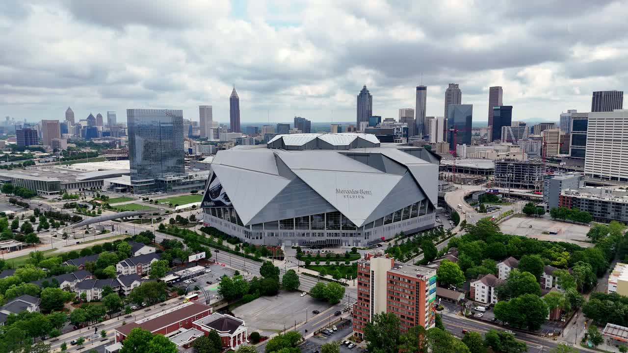 Aerial shot pulling out from Mercedes Benz Stadium.