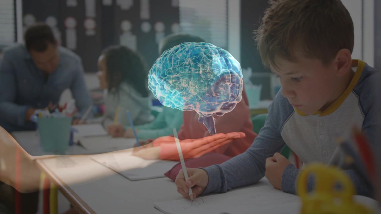 Teacher raising hand showing brain fading then settling above palm as students writing for class