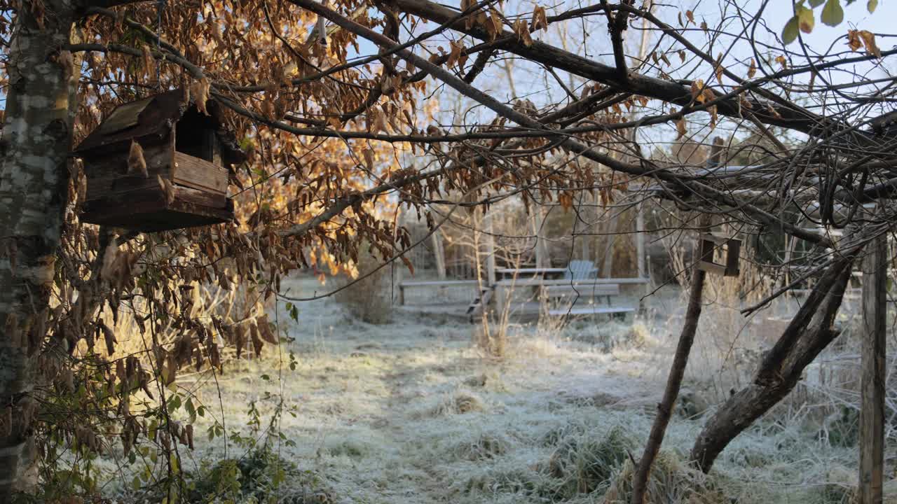 Winter garden with arbor and birdhouse, symbolizing serenity and natural beauty, brown, white, peaceful, eco-friendly, bird sanctuary.