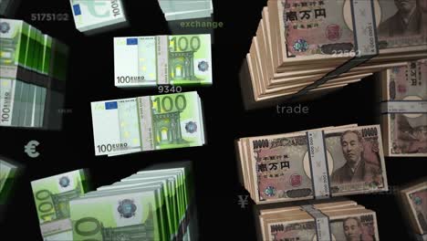 animación de circuito de intercambio de dinero entre el euro y el yen japonés