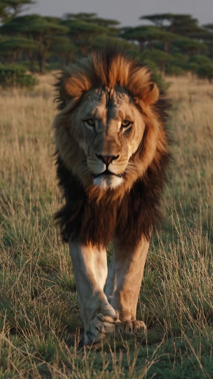 A majestic lion walks through the savannah, captured from a low-angle, creating a powerful