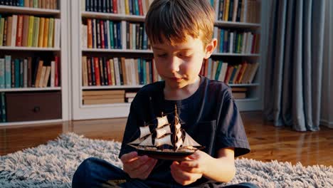 young child sitting on a colorful rug in a cozy room, holding a miniature model ship and dreaming of adventurous seafaring journeys across vast oceans and uncharted waters