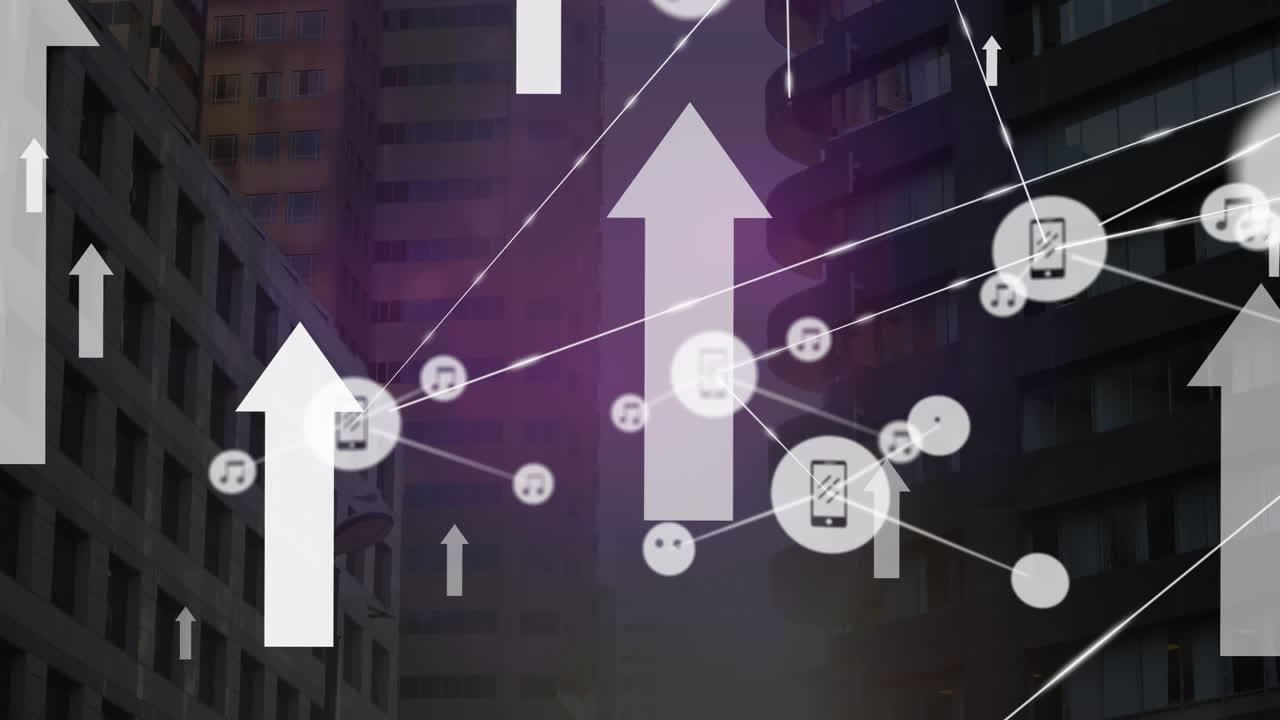 animación de la red de conexiones con iconos sobre el paisaje urbano