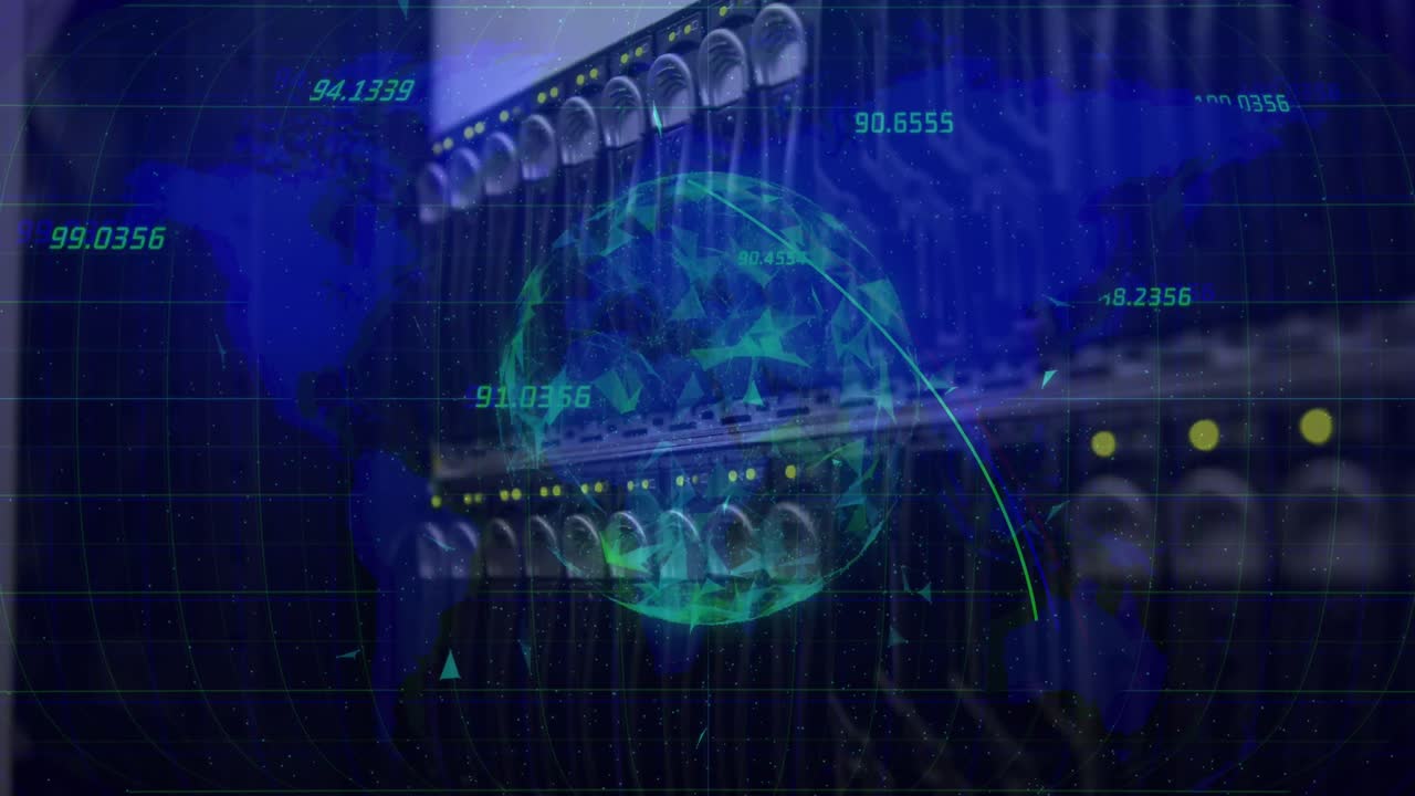 múltiples números flotando sobre el globo de las redes de plexo contra el cierre de un servidor de computadora
