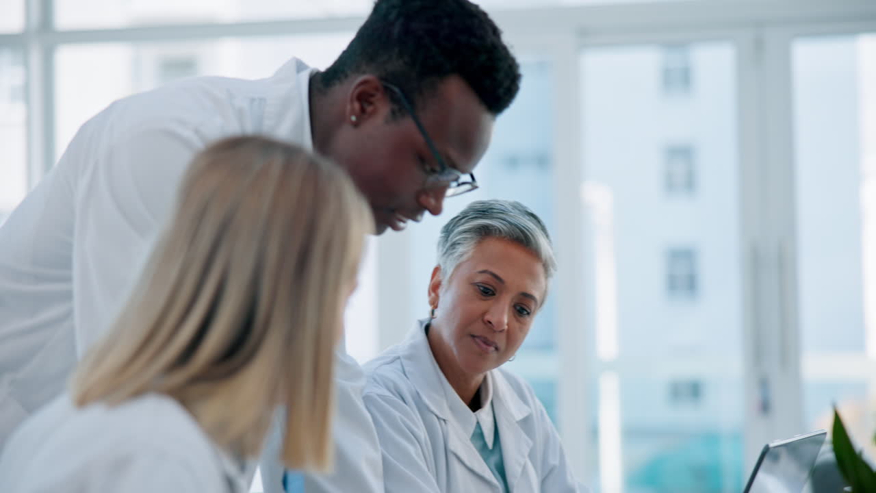 Documents, teamwork or senior doctors talking