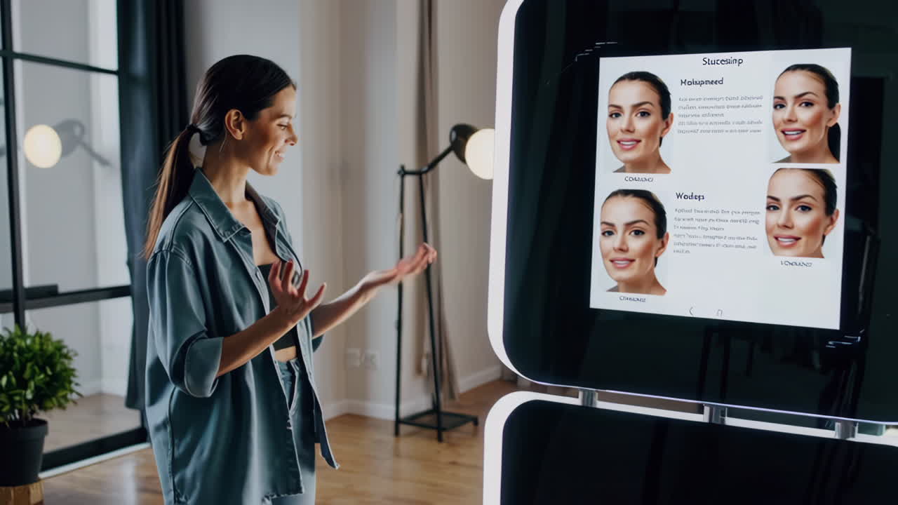 Woman using a digital photo booth for facial analysis and makeup suggestions