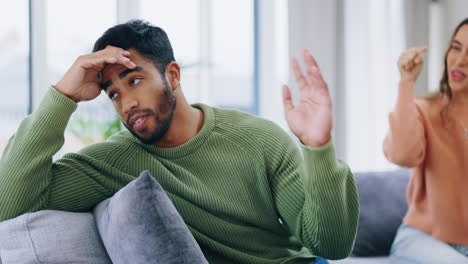 couple, fight or ignoring on sofa in conflict
