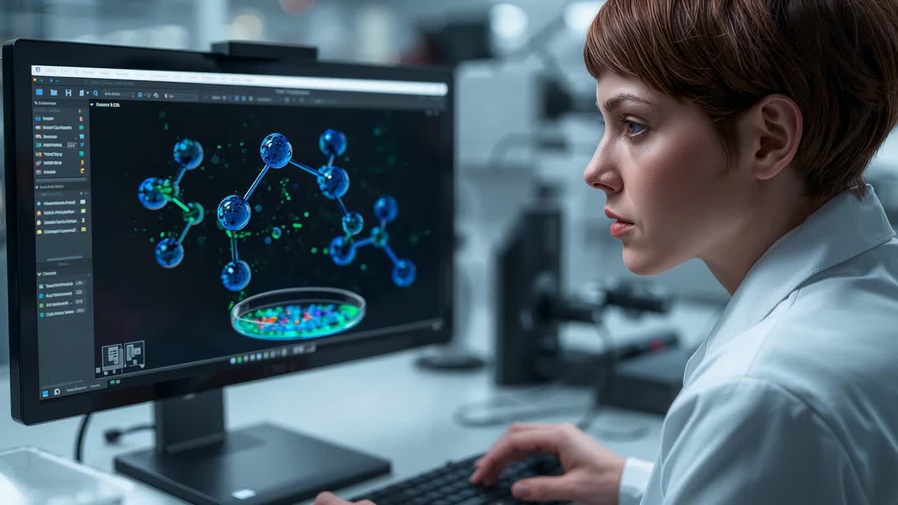Scienziato che ruota un modello 3D sul monitor per l'analisi, con la mano sul mouse, camice bianco, spazio per il testo