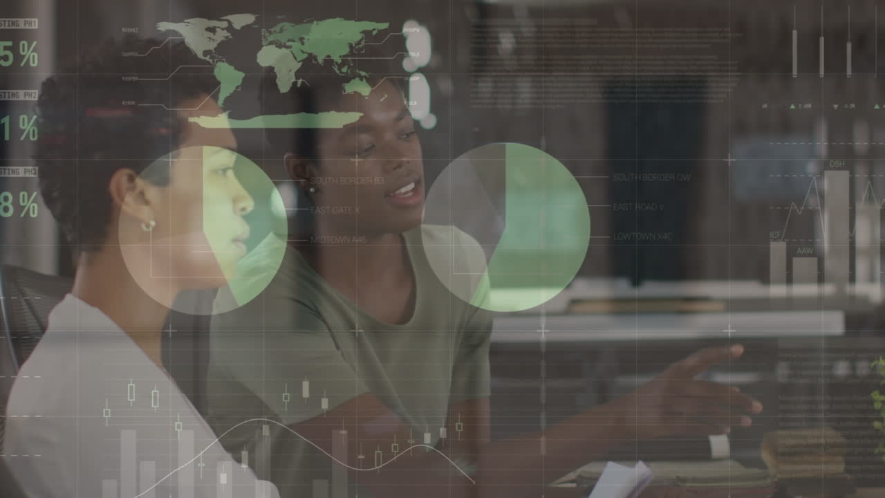 Animation of financial data processing over diverse business people in office