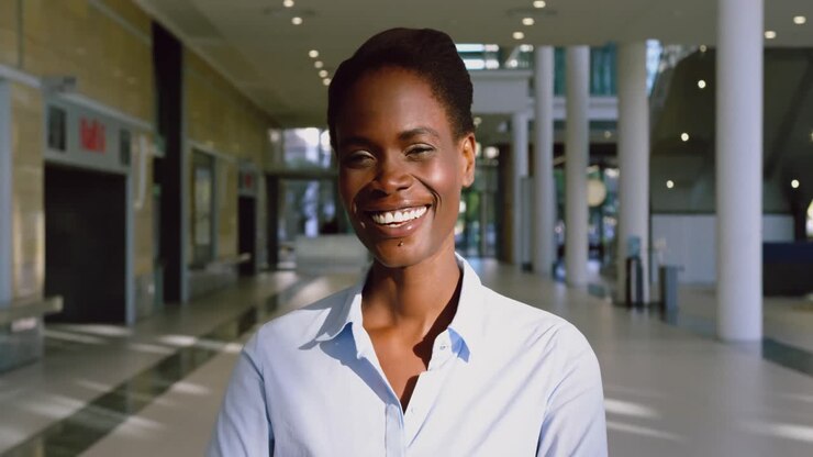 Businesswoman looking at camera in a modern office 4k