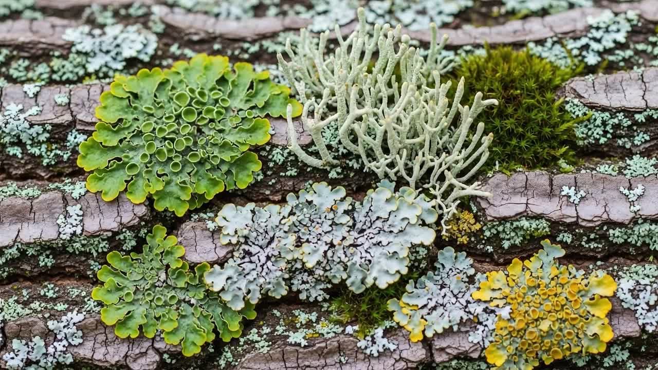 A Vibrant Display of Lichens and Moss Covering Bark: Unveiling the Intricate Patterns and Colors in Nature's Microcosm