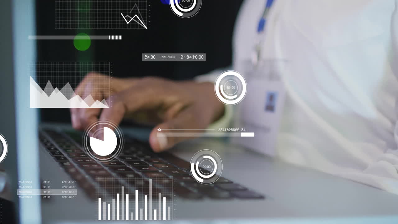 Animation of financial data processing over african american man using laptop