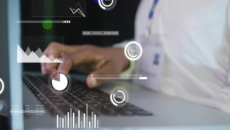 animation of financial data processing over african american man using laptop