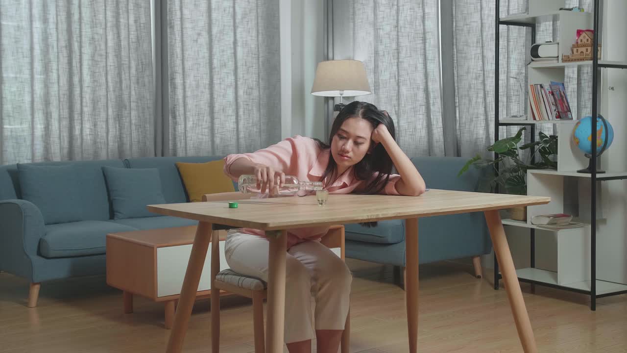 술에 취한 아시아 여성이 병에 환호하고 집에서 마시기 전에 글라스에 보드카를 부어