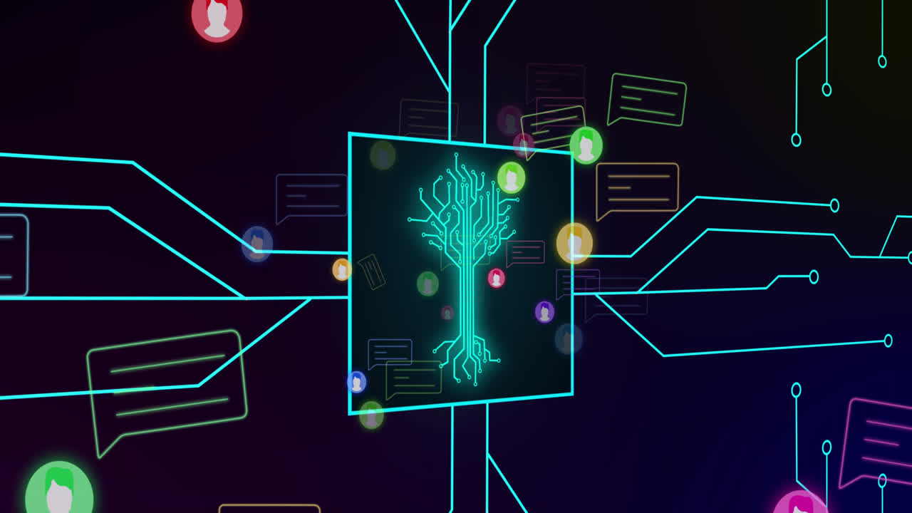 Animation of integrated circuit over messages and social media icons over digital space